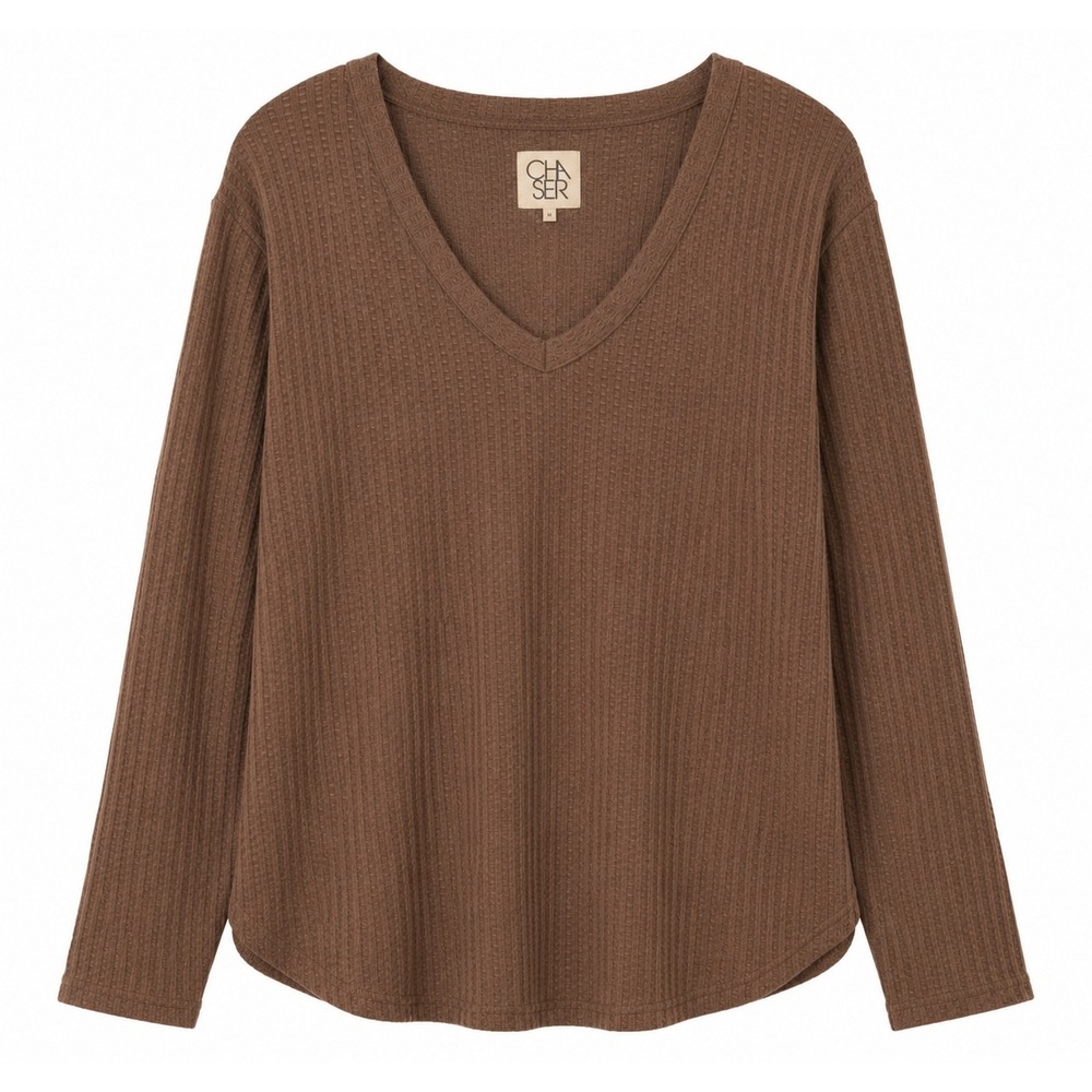 Chaser Womens Waffle Knit Thermal V-Neck Top Brown Long Sleeve Small